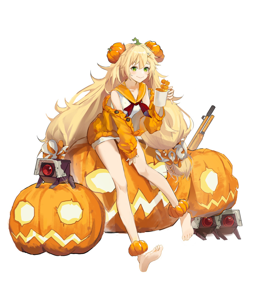 1girl absurdres barefoot blonde_hair cup dinergate_(girls'_frontline) dress fabarm_sat-8 food-themed_hair_ornament full_body girls'_frontline green_eyes gun hair_ornament hair_scrunchie halloween highres holding holding_cup jack-o'-lantern legs long_hair looking_at_viewer messy_hair mug off_shoulder on_pumpkin orange_sailor_collar orange_sweater pumpkin pumpkin_hair_ornament s.a.t.8_(girls'_frontline) s.a.t.8_(pumpkin_skewers)_(girls'_frontline) sailor_collar scrunchie shotgun silk simple_background sitting sleeveless sleeveless_dress smile solo spider_web sweater very_long_hair weapon white_background white_dress xignore