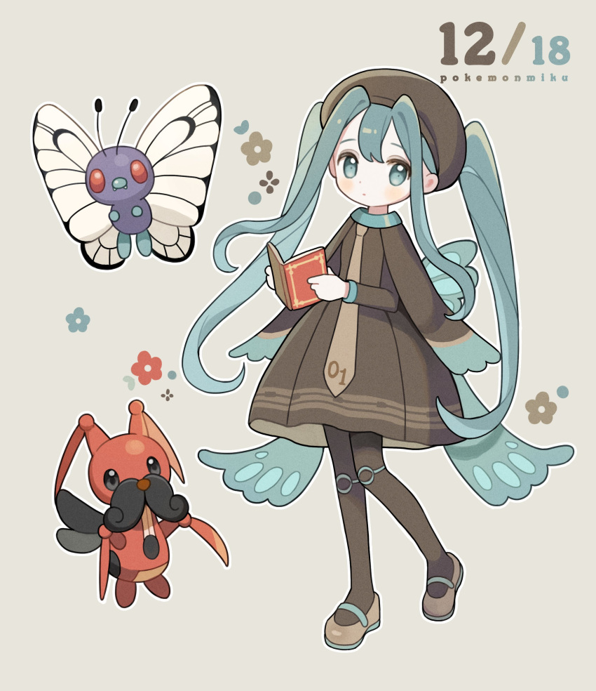 1girl absurdres aqua_eyes aqua_hair black_pantyhose book brown_dress bug_miku_(project_voltage) butterfree dress flower hair_through_headwear hat hatsune_miku highres hinnya holding holding_book kricketune looking_at_viewer mary_janes necktie pantyhose pokemon pokemon_(creature) project_voltage shoes twintails vocaloid