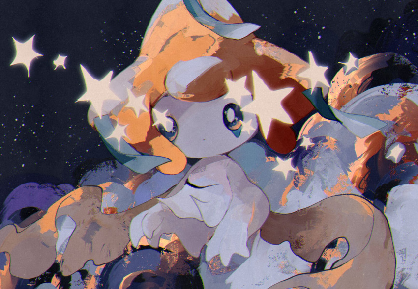 blue_eyes cloud highres jirachi lil multicolored_eyes no_humans pokemon pokemon_(creature) sky solo sparkle star_(sky) starry_sky yellow_eyes