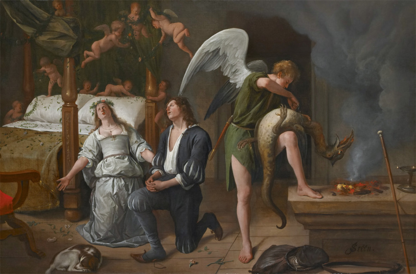 1660 ambiguous_gender angel avian_feet beak bed black_clothing blonde_hair brown_hair canid canine canis chain cherub clasped_hands clothing demon domestic_dog feathered_wings feathers female feral fire flower flower_crown forked_tongue furniture green_clothing group hair human humanoid jan_steen male mammal oil_on_canvas plant prayer public_domain puffy_sleeves raphael_(angel) sarah_(book_of_tobit) scales sleeping struggling tan_body tan_skin the_book_of_tobit tobias_(book_of_tobit) tongue toothed_beak tunic wedding white_clothing white_wings wings young