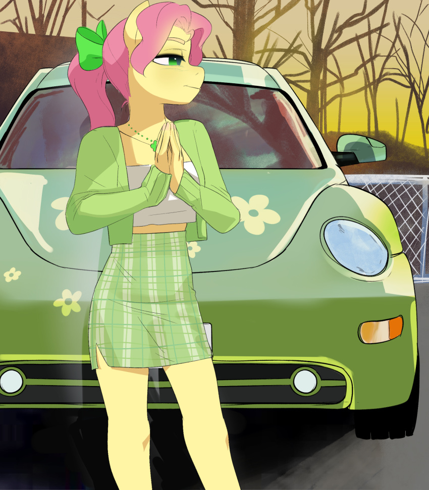 accessory aztrial blue_eyes bottomwear bow_ribbon clothing dead_tree earth_pony equid equine female fur green_clothing green_outfit green_theme hair hair_accessory hair_bow hair_ribbon hands_together hasbro hi_res horse jewelry mammal my_little_pony necklace pink_hair plant pony ponytail posey_(g5) ribbons skirt tree volkswagen volkswagen_beetle yellow_body yellow_fur