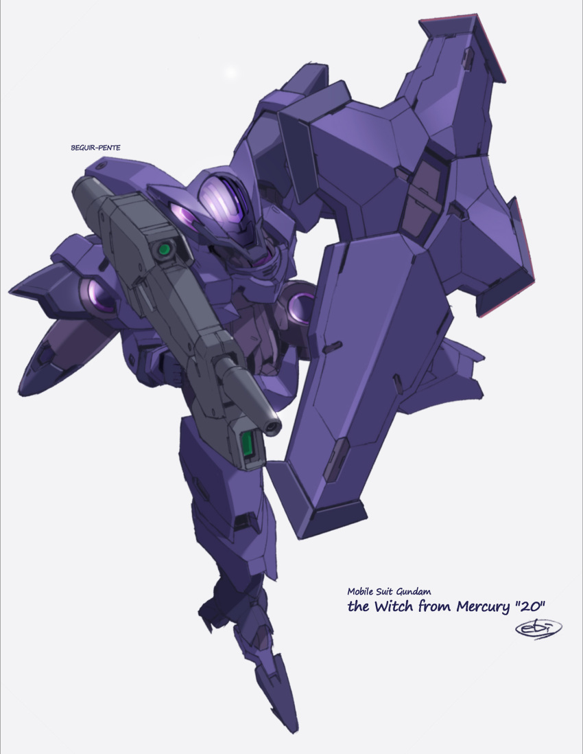 beguir-pente character_name copyright_name ebikawa_kanetake episode_number flying grey_background gun gundam gundam_suisei_no_majo highres holding holding_gun holding_shield holding_weapon mecha no_humans robot science_fiction shield signature solo weapon