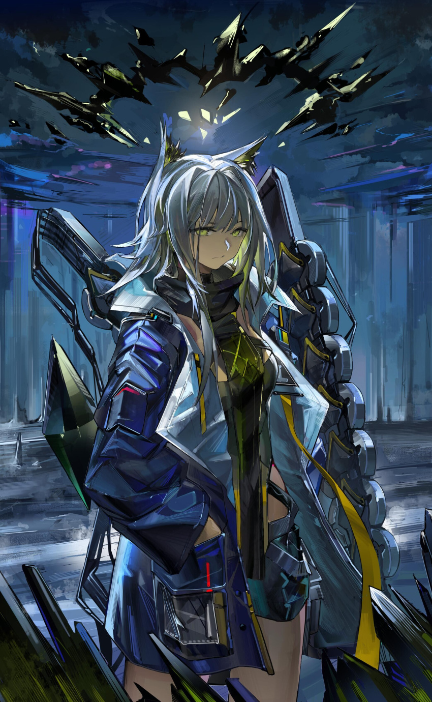 1girl absurdres aecec animal_ear_fluff animal_ears arknights black_shorts blue_jacket cat_ears cat_girl closed_mouth commentary_request green_eyes grey_hair hand_in_pocket highres jacket kal'tsit_(arknights) kal'tsit_(remnant)_(arknights) long_hair looking_at_viewer official_alternate_costume open_clothes open_jacket painttool_sai_(medium) rhodes_island_logo shorts sidelocks solo