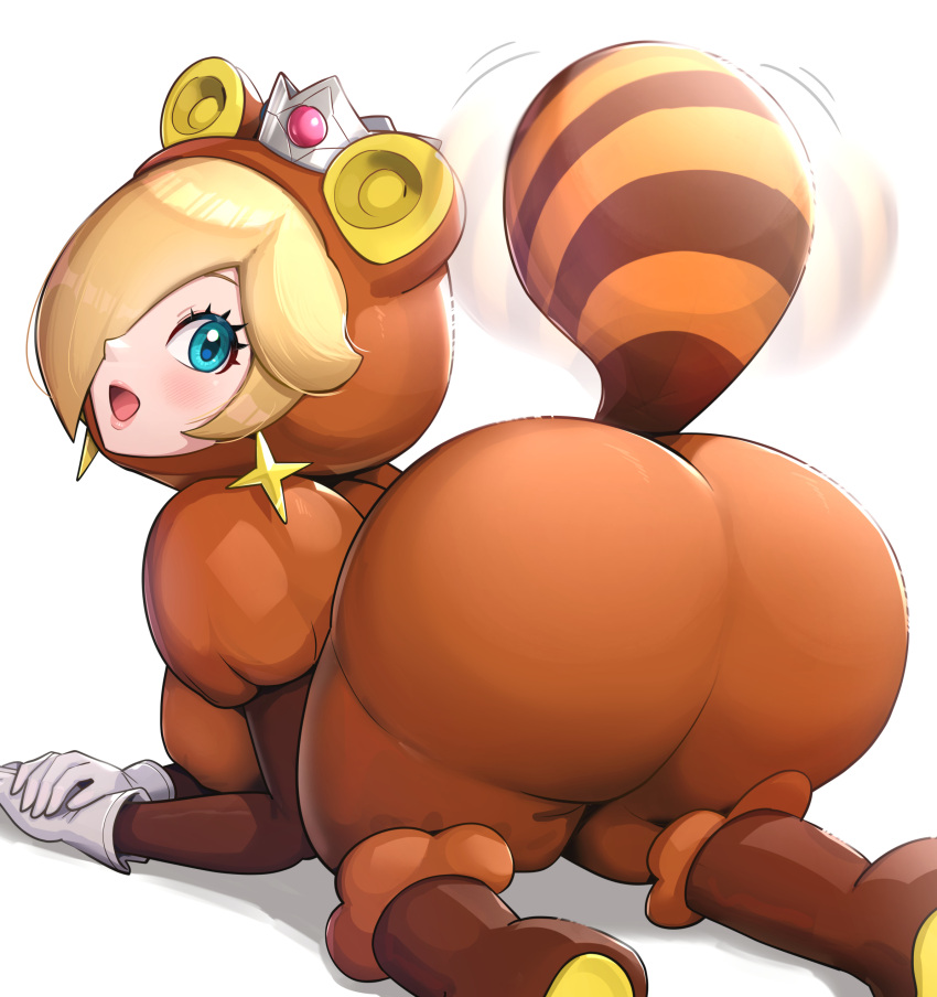 1girl :d absurdres all_fours animal_ears ass blonde_hair blue_eyes boots breasts brown_footwear crown earrings feet_out_of_frame from_behind gloves gonzarez hair_over_one_eye highres jewelry lips mario_(series) open_mouth raccoon_ears raccoon_tail rosalina simple_background smile solo star_(symbol) star_earrings super_leaf super_leaf_(transformation) super_mario_3d_world tail tanuki tanuki_rosalina white_background white_gloves