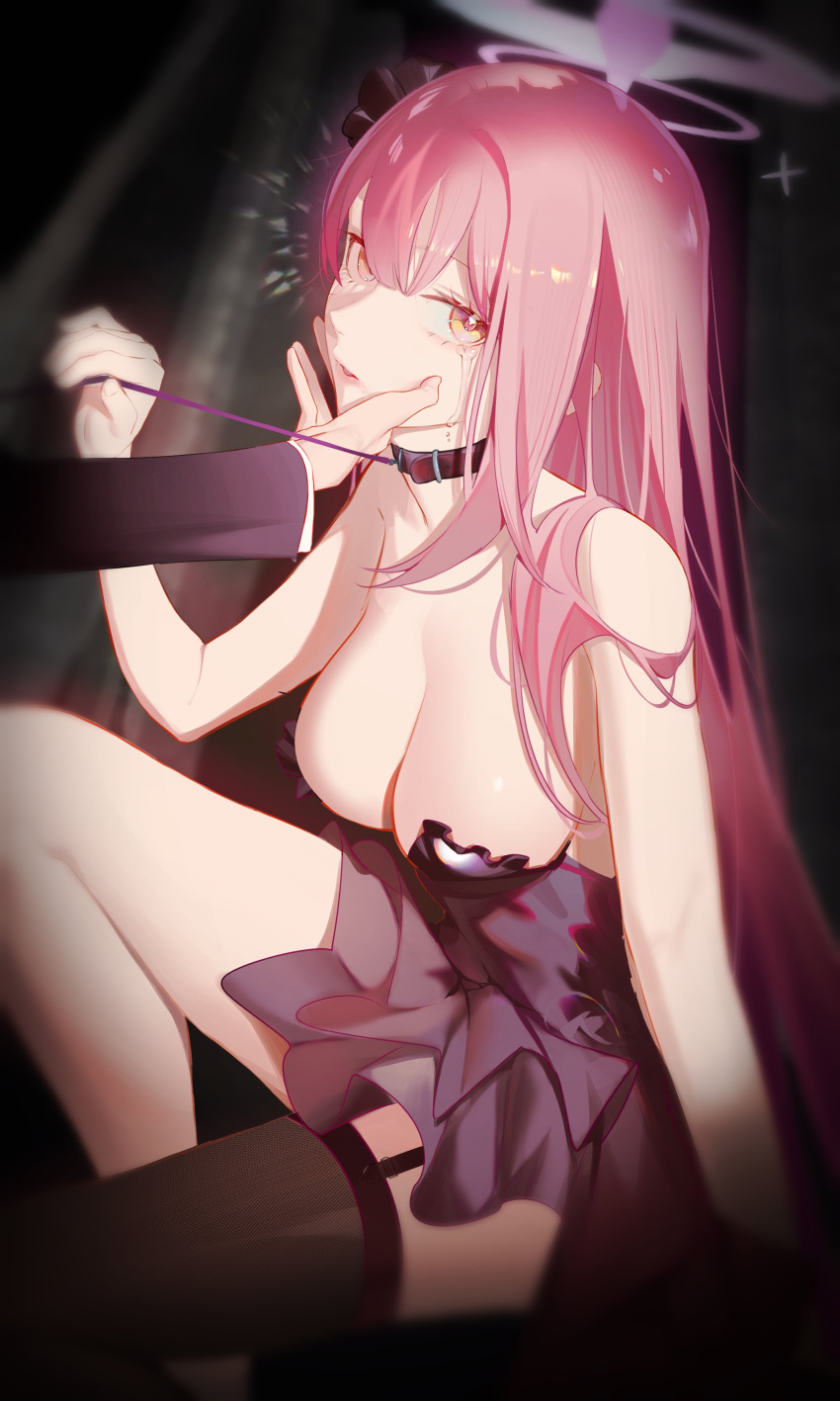 1girl absurdres bare_arms belt_collar black_dress black_thighhighs blue_archive breasts cherrymaru cleavage collar collarbone dress halo highres holding holding_leash knee_up large_breasts leash long_hair looking_at_viewer mika_(blue_archive) open_mouth pink_hair pink_halo single_thighhigh solo_focus strapless strapless_dress tears thighhighs thighs yellow_eyes