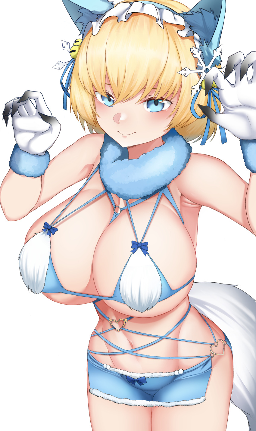 1girl absurdres animal_ear_fluff animal_ears armpits bare_shoulders bikini bikini_skirt blonde_hair blue_bikini blue_eyes blue_ribbon blue_skirt breasts claw_pose cleavage closed_mouth collarbone commentary commission cowboy_shot fake_animal_ears fake_tail fur-trimmed_bikini fur-trimmed_gloves fur_collar fur_trim girls'_frontline gloves groin hair_between_eyes hair_ornament hair_ribbon hands_up heart_o-ring highres large_breasts looking_at_viewer navel newbienoodles no_mole official_alternate_costume ribbon short_hair sidelocks simple_background skirt smile snowflake_hair_ornament solo standing stomach swimsuit tail vsk-94_(christmas_eve_detective)_(girls'_frontline) vsk-94_(girls'_frontline) white_background white_gloves wolf_ears wolf_tail