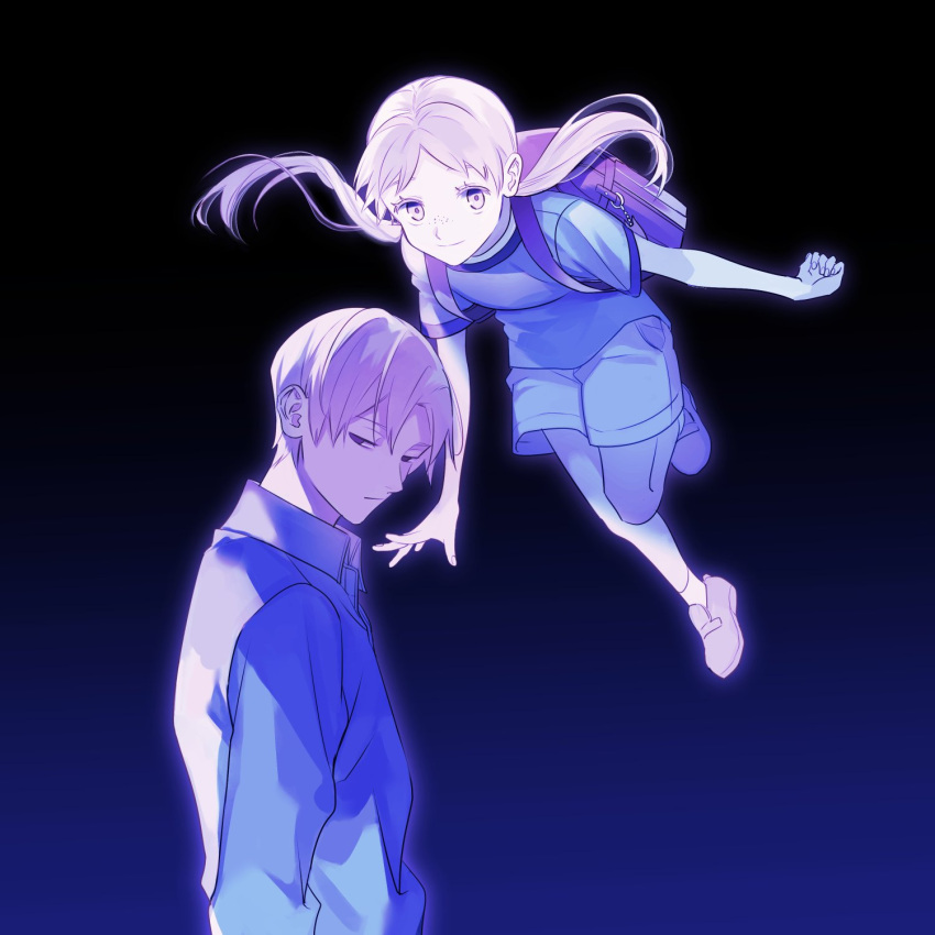 1boy 1girl amatori_rinji backlighting backpack bag blue_background blue_theme brown_hair child collared_shirt female_child floating floating_hair gradient_background grey_shorts harukawa_aoba highres kuragesaki long_hair long_sleeves looking_at_viewer low_twintails parted_bangs randoseru shirt shoes short_hair short_sleeves shorts sideways_glance smile t-shirt twintails world_trigger