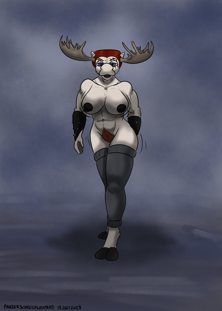 2023 absurd_res anthro antlers big_breasts blue_eyes breasts capreoline clothing colored cosplay dark_nipples deer female fog foggy_background hair hi_res highlights_(coloring) horn leg_warmers legwear looking_at_viewer mammal moose muscular muscular_female navel panzerschreckleopard pubes red_hair return_of_the_living_dead solo victoria_(panzerschreckleopard) walking walking_towards_viewer