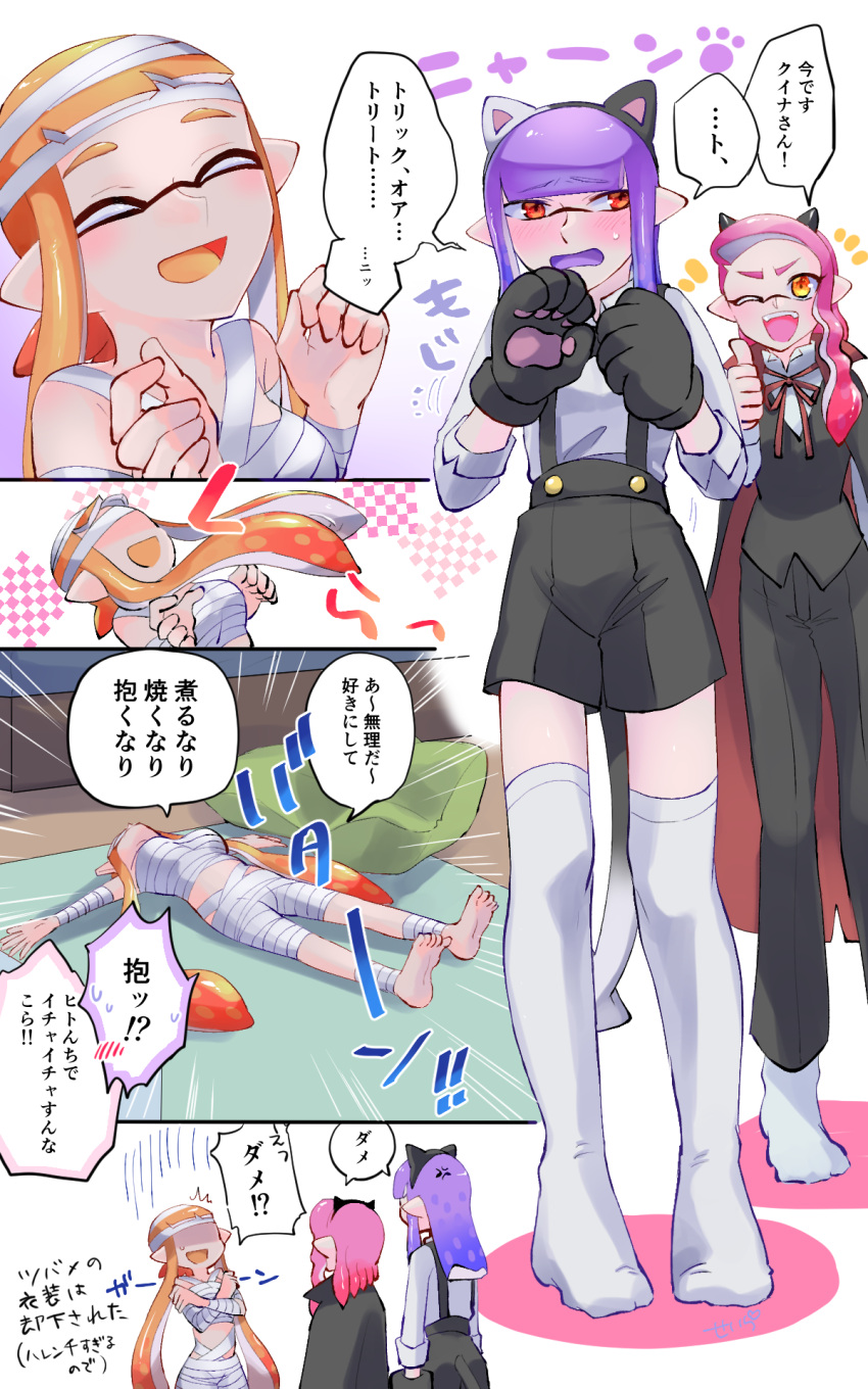 3girls ;d ^^^ anger_vein animal_ears animal_hands bandaged_arm bandaged_head bandaged_leg bandaged_torso bandages black_bow black_bowtie black_cape black_pants black_shorts black_vest blunt_bangs blush bow bowtie cape cat_ears colored_tongue crossed_arms demon_horns dress_shirt emphasis_lines fake_animal_ears fake_tail fallen_down gloom_(expression) gloves halloween halloween_costume high_collar highres horns indoors inkling inkling_girl long_hair lying multiple_girls mummy_costume neck_ribbon notice_lines on_back one_eye_closed orange_eyes orange_hair orange_tongue outside_border pants paw_gloves pink_hair pointy_ears purple_hair purple_tongue red_cape red_eyes red_ribbon ribbon seiranopocket shirt shorts single_sidelock smile splatoon_(series) standing suspender_shorts suspenders sweatdrop tail tentacle_hair thighhighs thumbs_up translated two-sided_cape two-sided_fabric vampire_costume very_long_hair vest white_shirt white_thighhighs