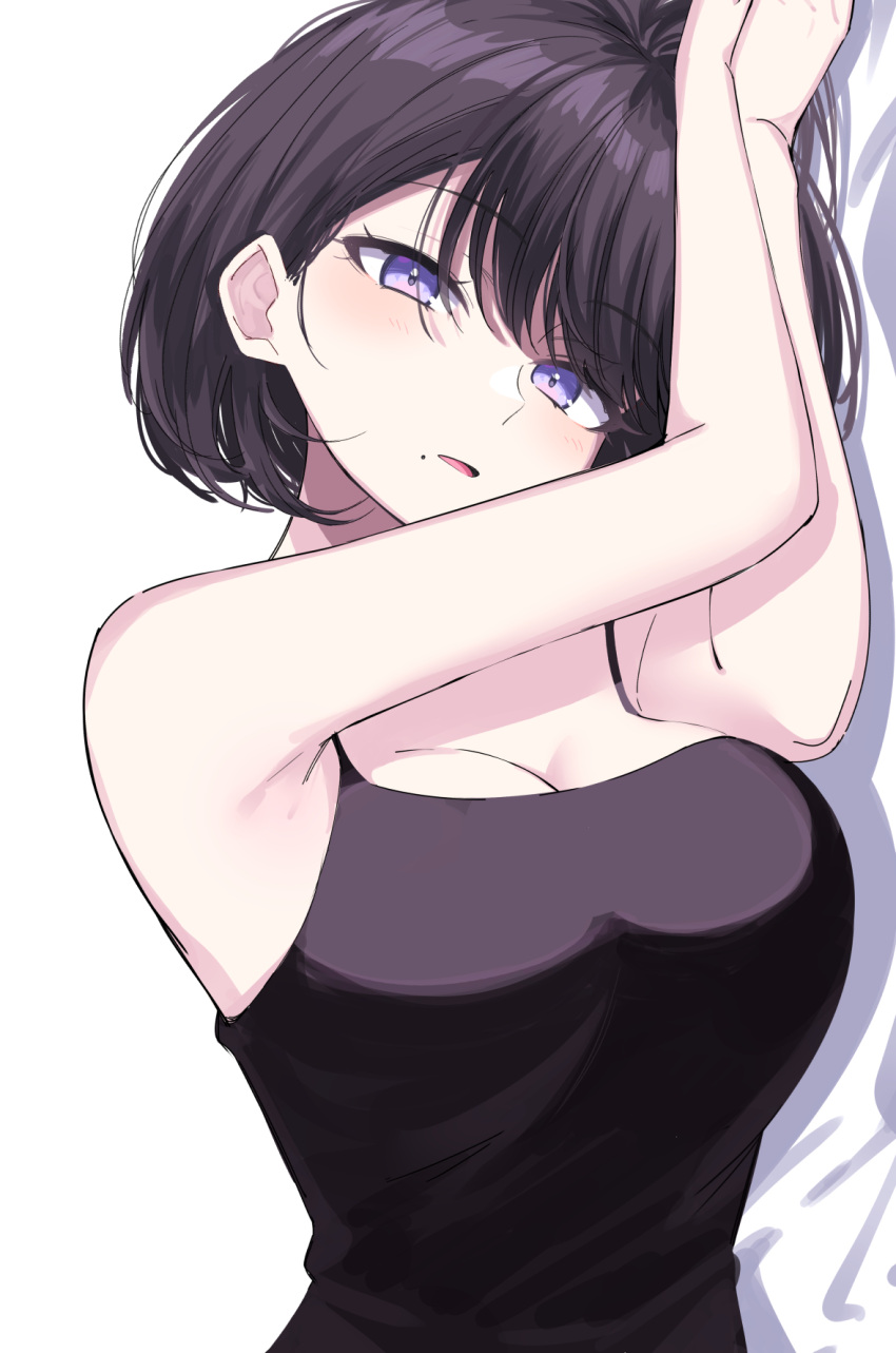 1girl black_camisole black_hair blush bob_cut breasts camisole cleavage highres ichiki_1 large_breasts looking_at_viewer lying mole mole_under_mouth on_side original purple_eyes