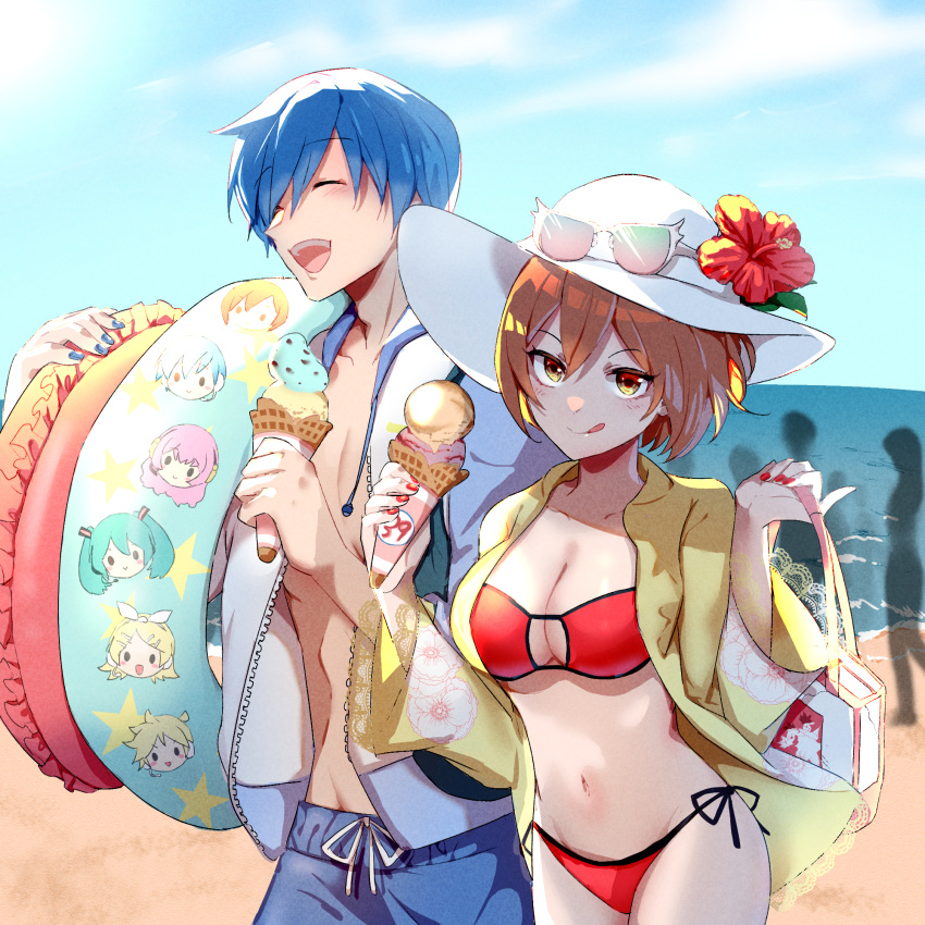 1boy 1girl bag beach bikini blue_hair blue_nails blue_sky blush breasts brown_eyes brown_hair closed_eyes eyewear_on_head flower food happy hat hat_ornament hatsune_miku highres holding holding_bag holding_ice_cream_cone ice_cream kagamine_len kagamine_rin kaito_(vocaloid) large_breasts looking_at_viewer megurine_luka meiko_(vocaloid) nail_polish navel ocean open_clothes open_mouth open_shirt red_bikini red_flower red_nails sand shirt short_hair shorts sky smile summer sun_hat sunglasses swimsuit teeth tongue tongue_out upper_body upper_teeth_only vocaloid yellow_shirt