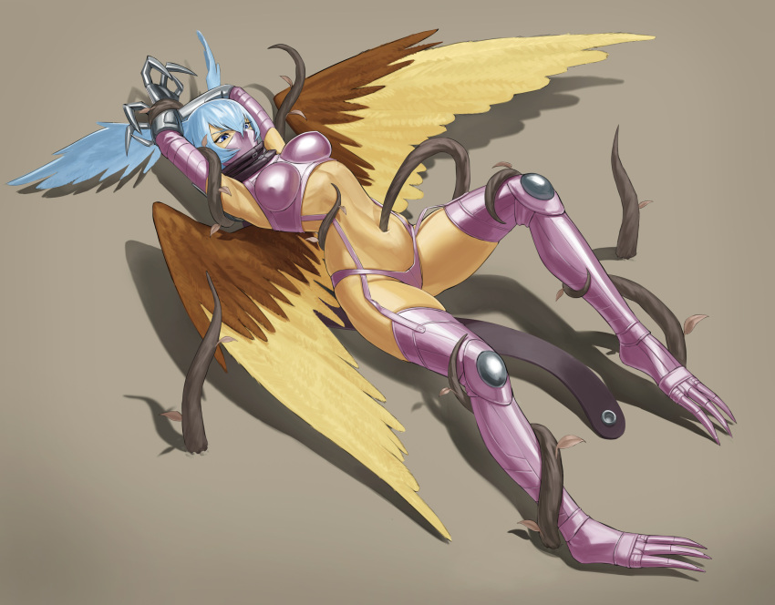 1girl absurdres armpits arms_up bikini black_scarf blue_eyes blue_hair bound bound_wrists breasts claws commentary_request commission covered_nipples digimon digimon_(creature) feathered_wings full_body garter_straps gauntlets gloves hair_between_eyes hair_wings highres kaiseirun leaf long_hair mask medium_breasts mouth_mask navel navel_insertion pixiv_commission plant purple_bikini purple_footwear purple_gloves restrained ryona scarf shadow shoulder_pads shutumon sidelocks simple_background skindentation solo stomach swimsuit thigh_gap vine_bondage vines wings