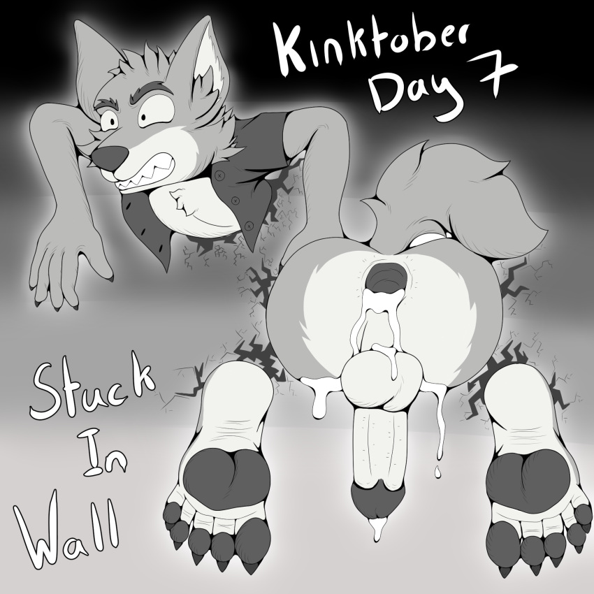 anthro bodily_fluids bottomless canid canine canis clothed clothing cum cum_inside dreamworks erection feet foxkai gaping genital_fluids genitals hi_res inktober inktober_2023 kinktober leaking_cum male male/male mammal mr._wolf_(the_bad_guys) pawpads penis questionable_consent soles solo solo_focus stuck the_bad_guys through_wall wolf