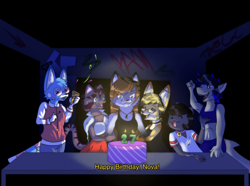 ally_cat_(character) anime_style anthro bell bell_collar birthday_party black_body black_fur black_hair blep blonde_hair blue_body blue_eyes blue_fur bottomwear bra brown_hair cake candle canid canine cape clothing collar costume dessert domestic_cat ear_piercing eyewear felid feline felis female fennec fish food fox fur furniture glasses gloves_(marking) graffiti grey_body grey_fox grey_fur group gynomorph hair hi_res intersex jackie_schmitfaust julie_chirpster liminal_spaces male mammal marine markings no_fur nova_era piercing purple_hair quiet_lyric red_body red_eyes red_fur shark shirt skirt sports_bra table tank_top teeth tongue tongue_out topwear underwear urocyon v-neck_shirt white_body white_fur