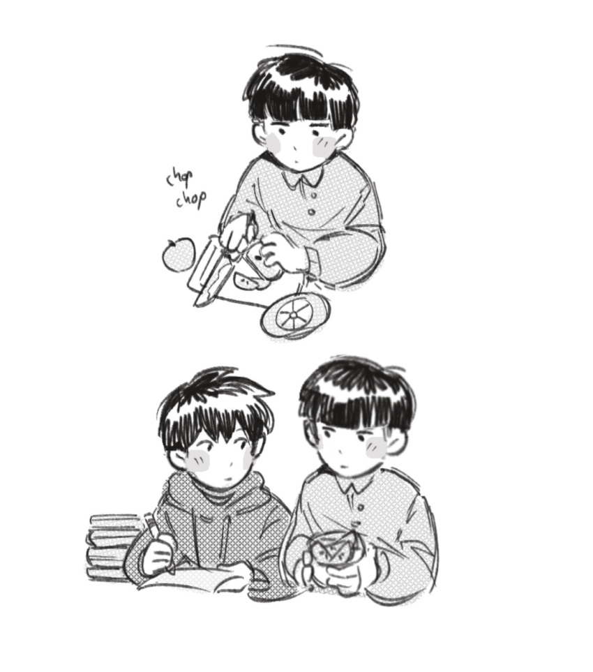 2boys aged_down apple blunt_bangs blush brothers child chopping closed_mouth commentary english_commentary food fruit greyscale highres holding holding_food holding_fruit holding_pencil hood hood_down hoodie kageyama_ritsu kageyama_shigeo long_sleeves looking_at_another male_child male_focus mob_psycho_100 monochrome mp100days multiple_boys pencil short_hair siblings simple_background upper_body white_background