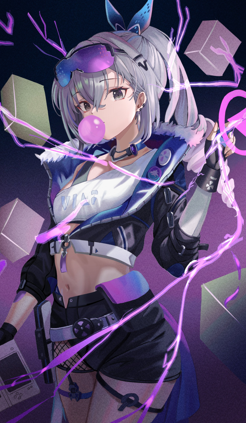 1girl absurdres black_eyes black_gloves black_jacket black_shorts bubble_blowing choker cowboy_shot crop_top cropped_jacket fingerless_gloves fur_trim gloves goggles goggles_on_head grey_hair highres honkai:_star_rail honkai_(series) jacket long_hair long_sleeves looking_at_viewer mayo_9_5 midriff navel ponytail shirt short_shorts shorts silver_wolf_(honkai:_star_rail) solo standing stomach thighs white_shirt