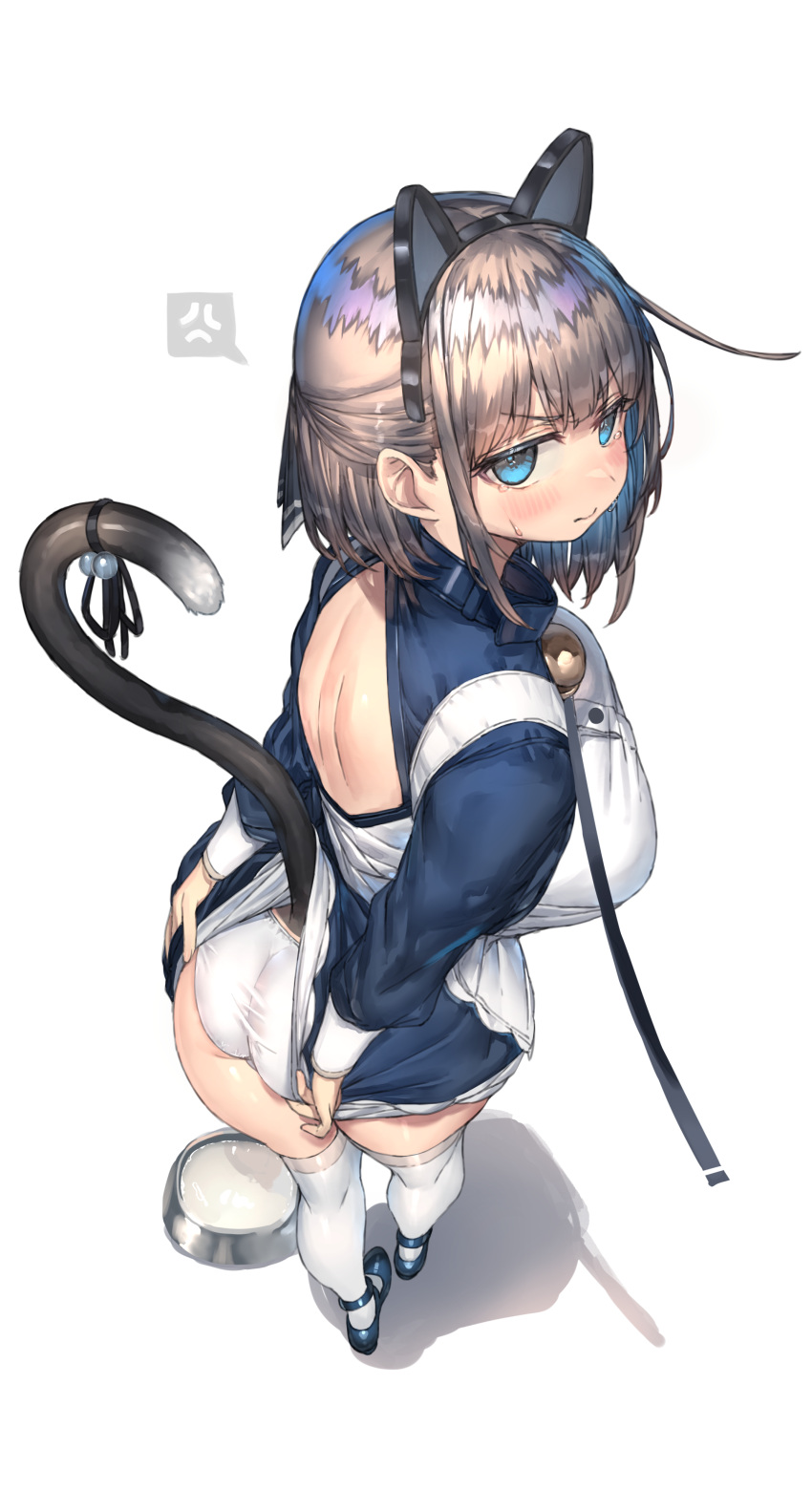 1girl absurdres anger_vein animal_collar animal_ears ass backless_outfit bell blue_eyes blush breasts cat_ears cat_tail clothes_pull collar fake_animal_ears from_above highres large_breasts leash light_brown_hair original panties ranf short_hair simple_background skirt skirt_caught_on_object skirt_pull solo spoken_anger_vein tail thighhighs underwear viewer_holding_leash white_background