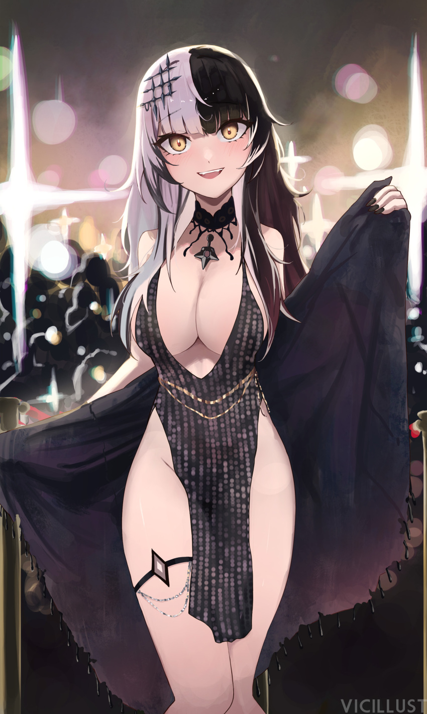 1girl :d absurdres alternate_costume artist_name black_choker black_dress black_hair black_nails black_shawl breasts choker dress fingernails grey_hair hair_ornament heart heart-shaped_pupils highres hololive hololive_english lace lace_choker large_breasts light_blush long_fingernails long_hair looking_at_viewer multicolored_hair nail_polish open_mouth pelvic_curtain pendant_choker plunging_neckline shawl shiori_novella smile split-color_hair symbol-shaped_pupils teeth thigh_strap two-tone_hair upper_teeth_only vicarious virtual_youtuber yellow_eyes