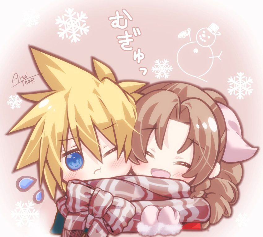 1boy 1girl aerith_gainsborough alternate_costume arestear0701 blonde_hair blue_eyes blush brown_hair brown_scarf cheek-to-cheek cheek_squash chibi christmas closed_eyes cloud_strife commentary curly_hair final_fantasy final_fantasy_vii flying_sweatdrops fur-trimmed_mittens fur_trim hair_ribbon happy heads_together highres long_hair mittens one_eye_closed parted_bangs patterned_clothing pink_background pink_mittens pink_ribbon ribbon scarf shared_clothes shared_scarf short_hair smile snowflakes snowman spiked_hair sweatdrop translated winter