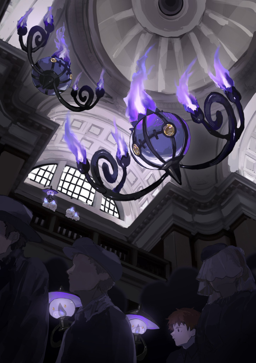 1girl 3boys brown_hair chandelure evolutionary_line faceless faceless_female faceless_male fire furirikkuru grey_headwear highres indoors lampent litwick looking_at_animal multiple_boys people pokemon pokemon_(creature) purple_fire veil yellow_eyes