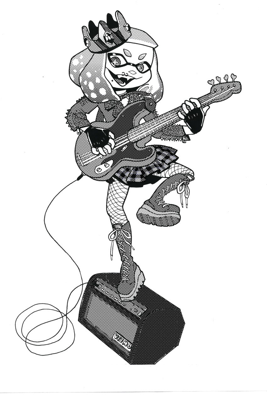 absurd_res amplifier animal_humanoid autenticovadito bass_guitar black_and_white boots cephalopod cephalopod_humanoid clothing coleoid crown decapodiform digital_media_(artwork) fangs female fingerless_gloves fishnet_leggings footwear gem gloves greyscale guitar handwear headgear hi_res humanoid inkling inkling_girl jacket laces marine marine_humanoid mollusk mollusk_humanoid monochrome musical_instrument nintendo nintendo_switch off_the_hook_(splatoon) pearl_(splatoon) plucked_string_instrument punk screentone skirts solo spikes splatoon splatoon_(series) string_instrument studs teeth topwear traditional_media_(artwork) wire