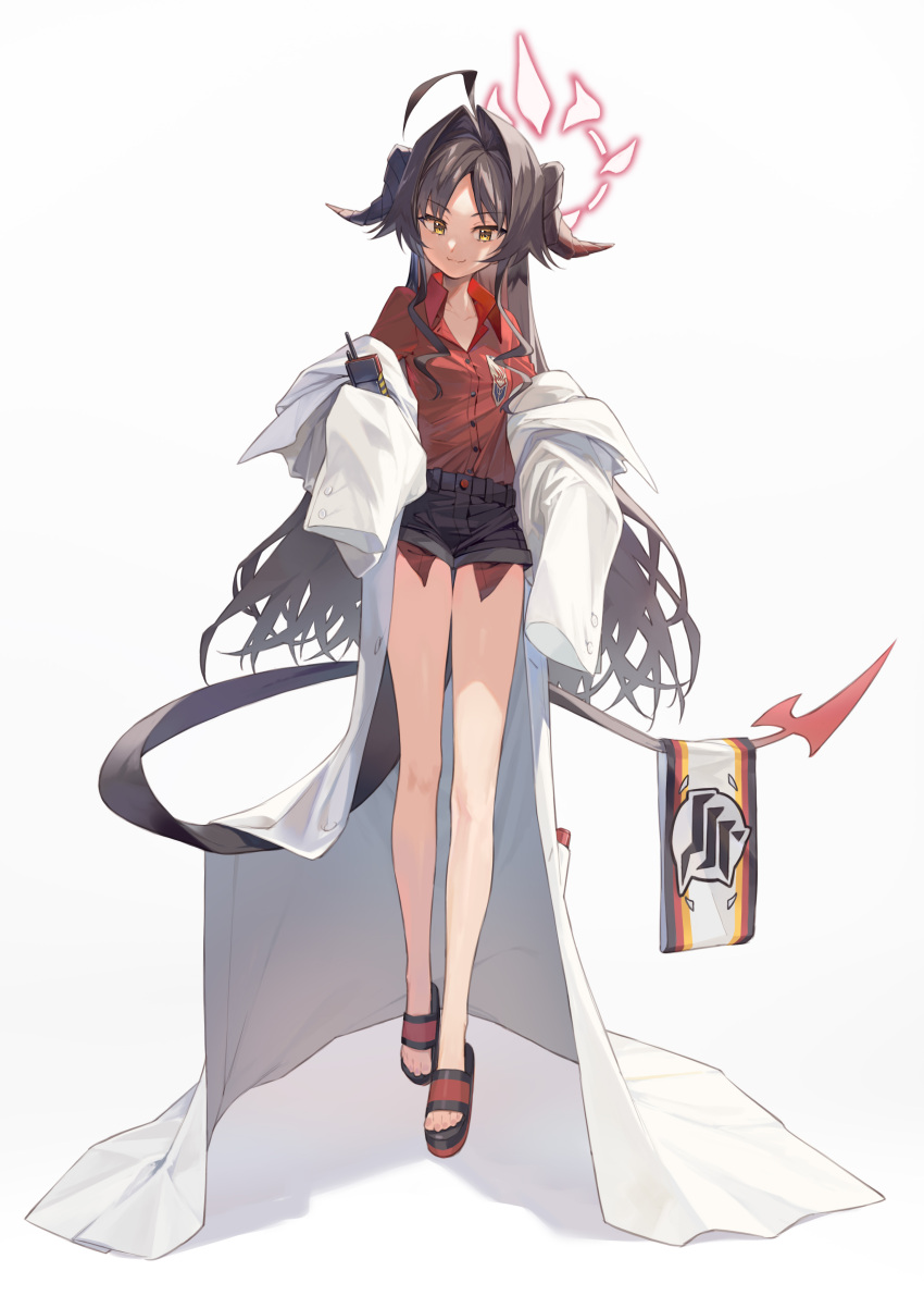 1girl :3 absurdres ahoge amana_(pocketkey) bare_legs black_hair black_shorts blue_archive breasts brown_hair coat collared_shirt full_body hair_intakes highres holding horns kasumi_(blue_archive) lab_coat long_hair long_legs long_sleeves looking_at_viewer multicolored_hair off_shoulder open_clothes open_coat red_shirt sandals shirt short-sleeved_sweater short_sleeves shorts simple_background sleeves_past_fingers sleeves_past_wrists small_breasts solo standing sweater tail very_long_hair white_coat yellow_eyes