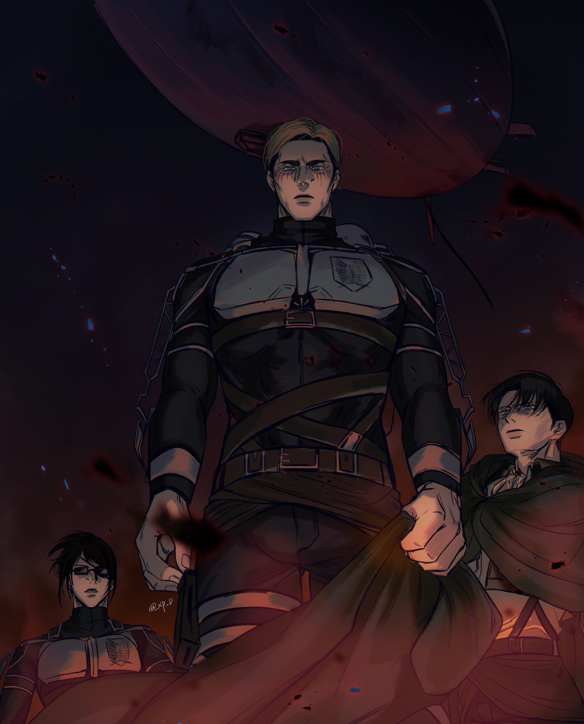 1other 2boys absurdres aircraft airship alternate_costume alternate_muscle_size alternate_universe blonde_hair blue_eyes embers erwin_smith feet_out_of_frame from_below hange_zoe highres levi_(shingeki_no_kyojin) looking_at_viewer looking_down male_focus multiple_boys muscular muscular_male shingeki_no_kyojin short_hair thick_eyebrows xp_d