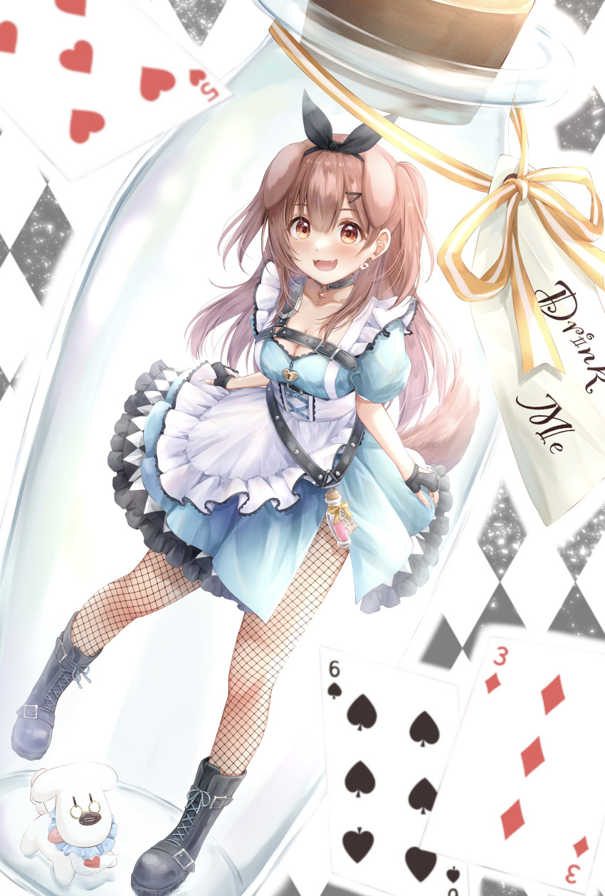 1girl absurdres alice_in_wonderland animal_ears apron baumku_techen black_choker black_footwear black_gloves black_hairband black_pantyhose blue_dress blush boots bottle bow_hairband breast_strap breasts brown_eyes brown_hair checkered_clothes checkered_skirt chest_belt chest_harness choker cleavage commentary_request cross-laced_footwear dog_ears dog_girl dog_tail double-parted_bangs dress earrings extra_ears fangs fingerless_gloves fishnet_pantyhose fishnets frilled_apron frills full_body gloves hair_between_eyes hair_ornament hairband hairclip harness heart-shaped_lock highres hololive hoso-inu in_bottle in_container inugami_korone inugami_korone_(6th_costume) jewelry key_necklace lace-up_boots large_breasts long_hair looking_at_viewer necklace o-ring o-ring_choker official_alternate_costume official_alternate_hair_length official_alternate_hairstyle open_mouth pantyhose playing_card_earrings potion short_dress side_slit skirt skirt_hold skirt_under_dress solo tail two_side_up underbust vial virtual_youtuber waist_apron white_apron