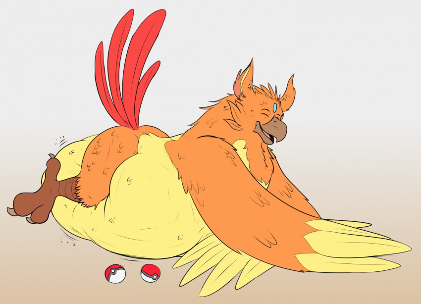 after_vore anthro avian beak belly big_belly bird eyes_closed feathers lying male nintendo on_front orange_body orange_feathers pokeball pokemon red_body red_feathers simple_background talons thatgryphonguy vore winged_arms wings yellow_body yellow_feathers