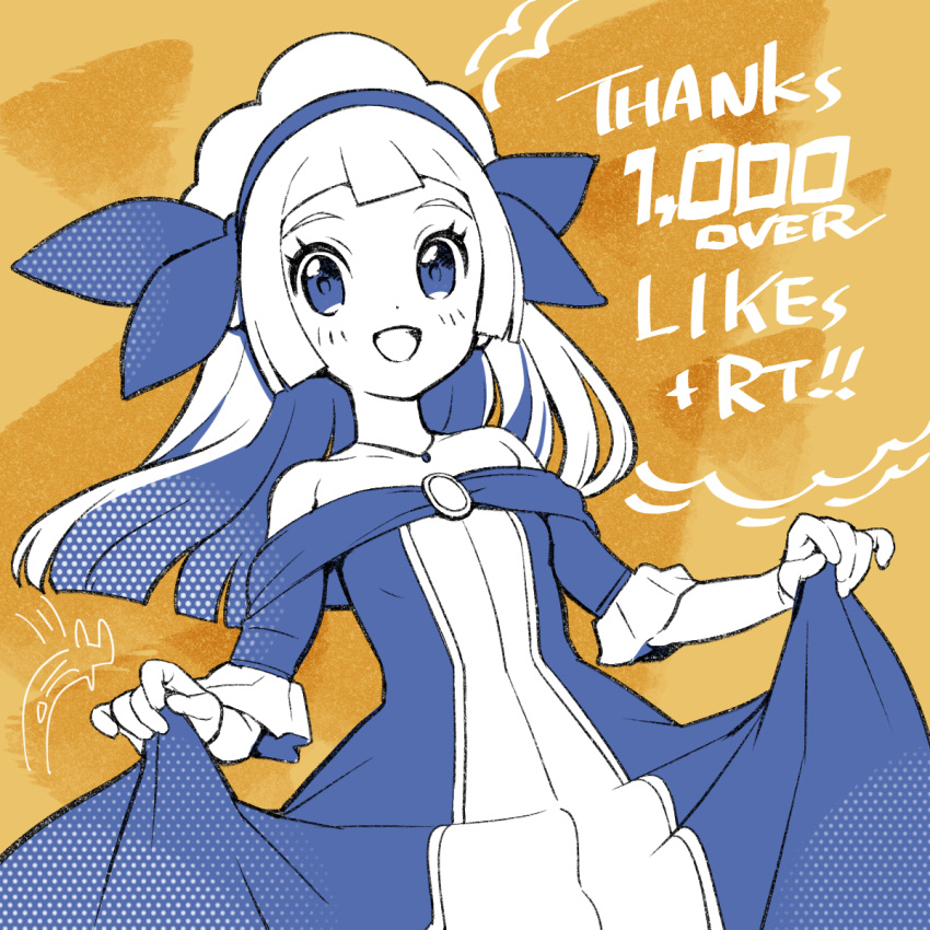 1girl :d blue_dress blue_eyes blue_hairband blush clothes_lift collarbone cosplay dress dress_lift eyelashes gloves hairband happy highres kinocopro lifted_by_self lillie_(pokemon) long_hair looking_at_viewer miette_(pokemon) miette_(pokemon)_(cosplay) milestone_celebration off-shoulder_dress off_shoulder open_mouth pokemon pokemon_(anime) pokemon_sm_(anime) pokemon_xy_(anime) smile solo thank_you yellow_background