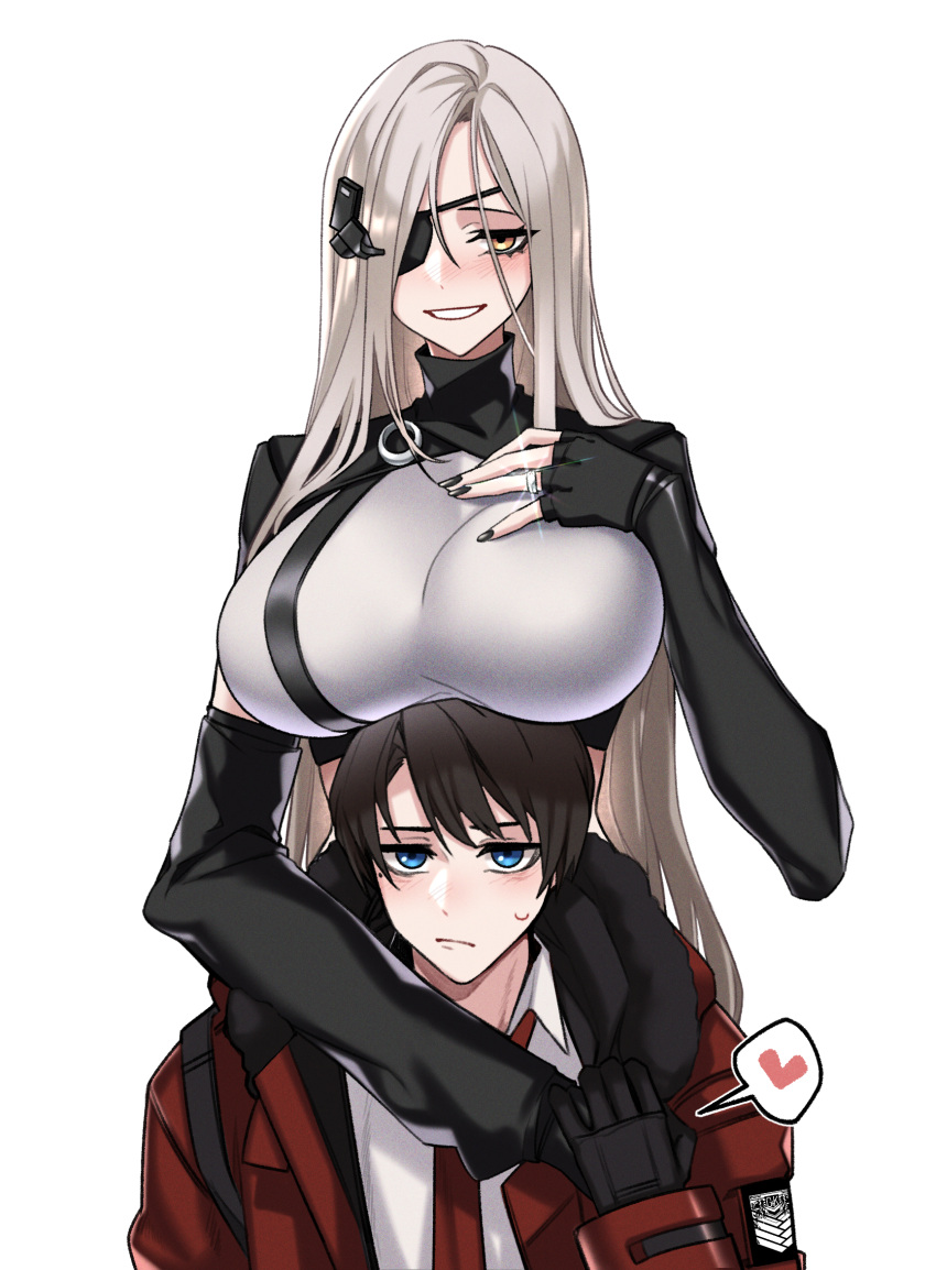 1boy 1girl alchemist_(girls'_frontline) black_gloves black_nails blue_eyes blush breasts brown_hair closed_mouth collared_shirt commander_(girls'_frontline) commission couple crop_top detached_sleeves dogs_(dlrkdejr26) eyepatch fingerless_gloves framed_breasts fur-trimmed_jacket fur_trim girls'_frontline gloves grey_background griffin_&amp;_kryuger hair_ornament hand_grab hand_up heart hetero highres hood hood_down hooded_jacket jacket jewelry journey_in_the_auspicious_snow_(girls'_frontline) large_breasts long_hair long_sleeves looking_at_viewer mole mole_under_eye nail_polish necktie non-web_source open_mouth red_jacket red_necktie ring shirt short_hair simple_background sweatdrop upper_body very_long_hair wedding_ring white_hair white_shirt yellow_eyes