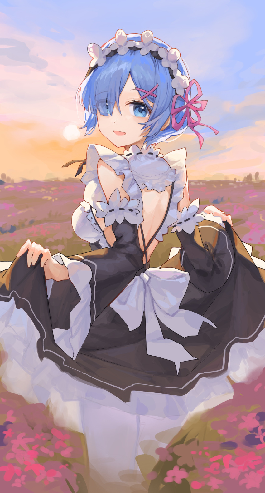 1girl :d absurdres back_bow backless_dress backless_outfit bare_shoulders black_dress blue_eyes blue_hair bow breasts day detached_sleeves dress eyes_visible_through_hair field flower flower_field frilled_sleeves frills gradient_sky hair_ornament hair_over_one_eye hairband hairclip highres lolita_hairband long_sleeves looking_at_viewer open_mouth outdoors pantyhose re:zero_kara_hajimeru_isekai_seikatsu rem_(re:zero) sentter sideboob skirt_hold sky small_breasts smile solo sun white_bow white_pantyhose wide_sleeves x_hair_ornament