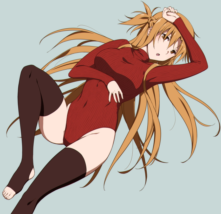 1girl :o arm_on_head arm_under_breasts asuna_(sao) braid breasts brown_eyes brown_hair brown_thighhighs foot_out_of_frame groin highres knee_up large_breasts leotard leotard_sweater long_hair long_sleeves lying no_shoes on_back open_mouth puge red_leotard red_sweater solo sweater sword_art_online thighhighs toeless_legwear