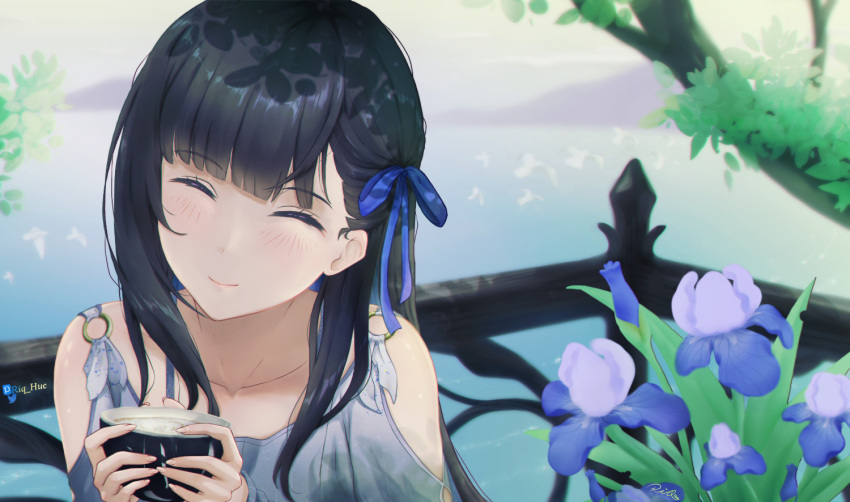 1girl black_hair blue_hair blue_ribbon closed_eyes closed_mouth colored_inner_hair cup flower hair_ribbon holding holding_cup iris_(flower) mountainous_horizon multicolored_hair pixiv_username punishing:_gray_raven ribbon riq_semak selena_(punishing:_gray_raven) tree twitter_username