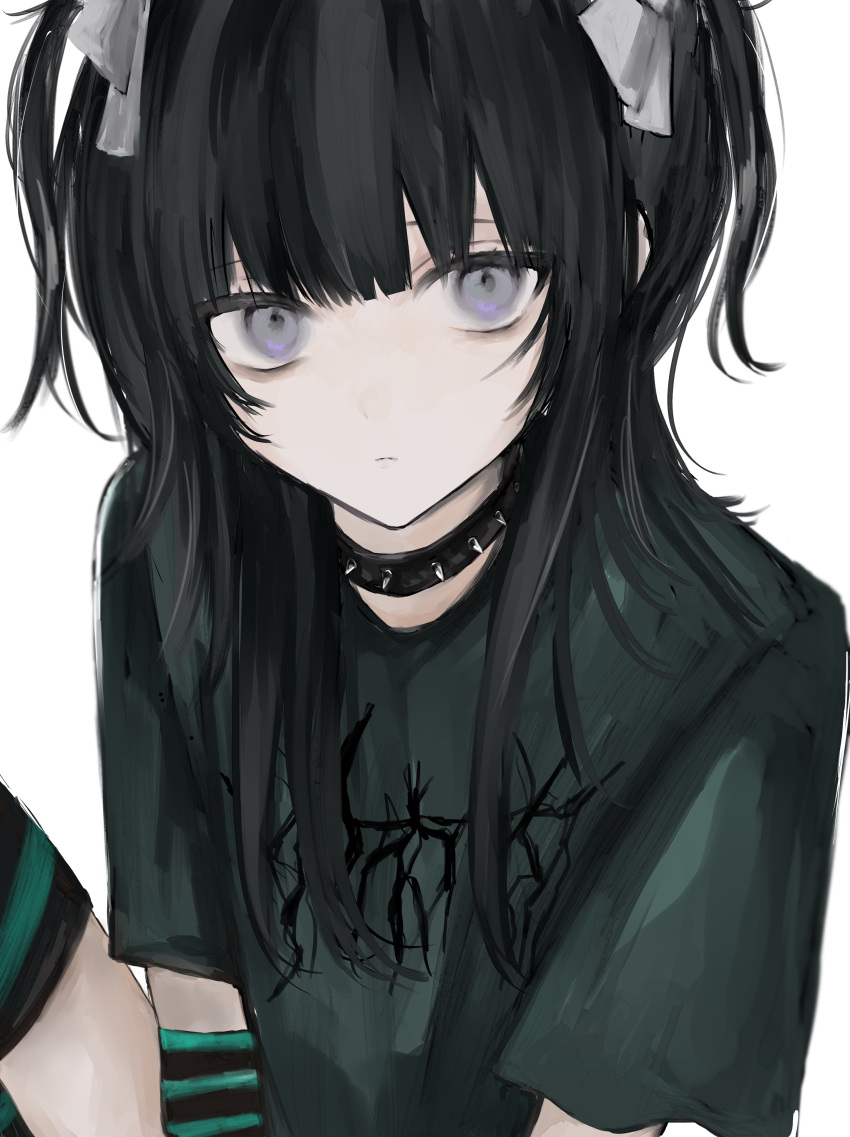 1girl absurdres black_hair blunt_bangs collar green_shirt grey_eyes hair_ribbon highres kanau_(u_u_zzx) looking_at_viewer original ribbon shirt socks solo spiked_collar spikes striped striped_arm_warmers striped_socks t-shirt twintails white_background white_ribbon