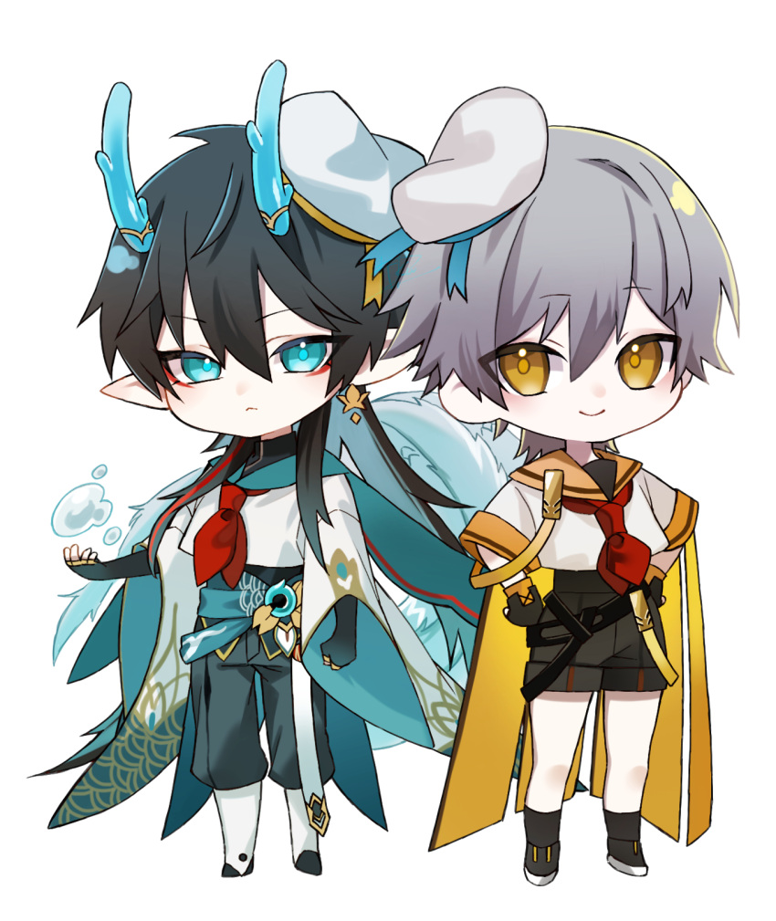 2boys aqua_eyes aqua_horns aqua_sailor_collar aqua_tail arm_at_side black_choker black_footwear black_gloves black_hair black_shorts black_socks blush boots caelus_(honkai:_star_rail) cape chibi choker dan_heng_(honkai:_star_rail) fingerless_gloves frown gloves grey_hair grey_pants hand_up hands_on_own_hips hat highres honkai:_star_rail honkai_(series) hydrokinesis knee_boots legs_apart long_hair long_sleeves looking_at_viewer low_ponytail male_focus multiple_boys neckerchief orange_cape orange_eyes orange_sailor_collar pants red_neckerchief sailor_collar sailor_hat sailor_shirt seigaiha shirt short_hair shorts shoulder_strap smile socks standing trailblazer_(honkai:_star_rail) tuku2 water white_footwear white_shirt wide_sleeves