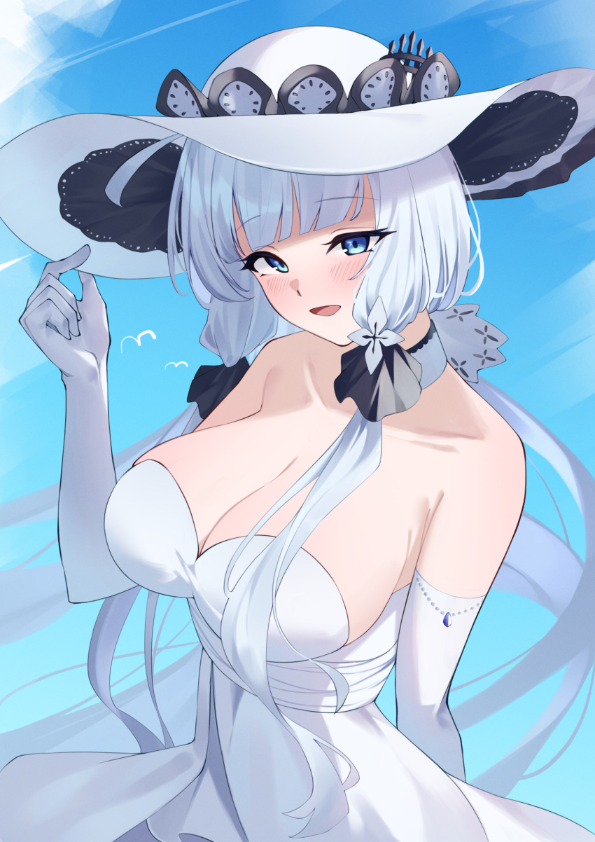 1girl azur_lane blue_eyes blue_gemstone breasts cleavage dress elbow_gloves gem gloves hair_ornament hat highres illustrious_(azur_lane) lace-trimmed_headwear lace_trim large_breasts light_blush long_hair looking_at_viewer open_mouth solo strapless strapless_dress sun_hat tri_tails very_long_hair waka_(user_unuj5373) white_dress white_gloves white_hair white_headwear