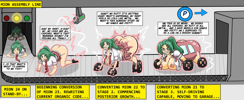 absurd_res all_fours animate_inanimate big_breasts big_butt bottomwear breast_expansion breasts butt butt_expansion car clothing conveyor_belt english_text expansion factory female green_hair hair hi_res higurashi_no_naku_koro_ni huge_breasts huge_butt inanimate_transformation living_machine living_vehicle machine necktie nipples pink_bottomwear pink_clothing pink_skirt red_necktie scared sera-fuku shirt skirt sonozaki_mion text topwear transformation vehicle vehicle_transformation white_clothing white_shirt white_topwear