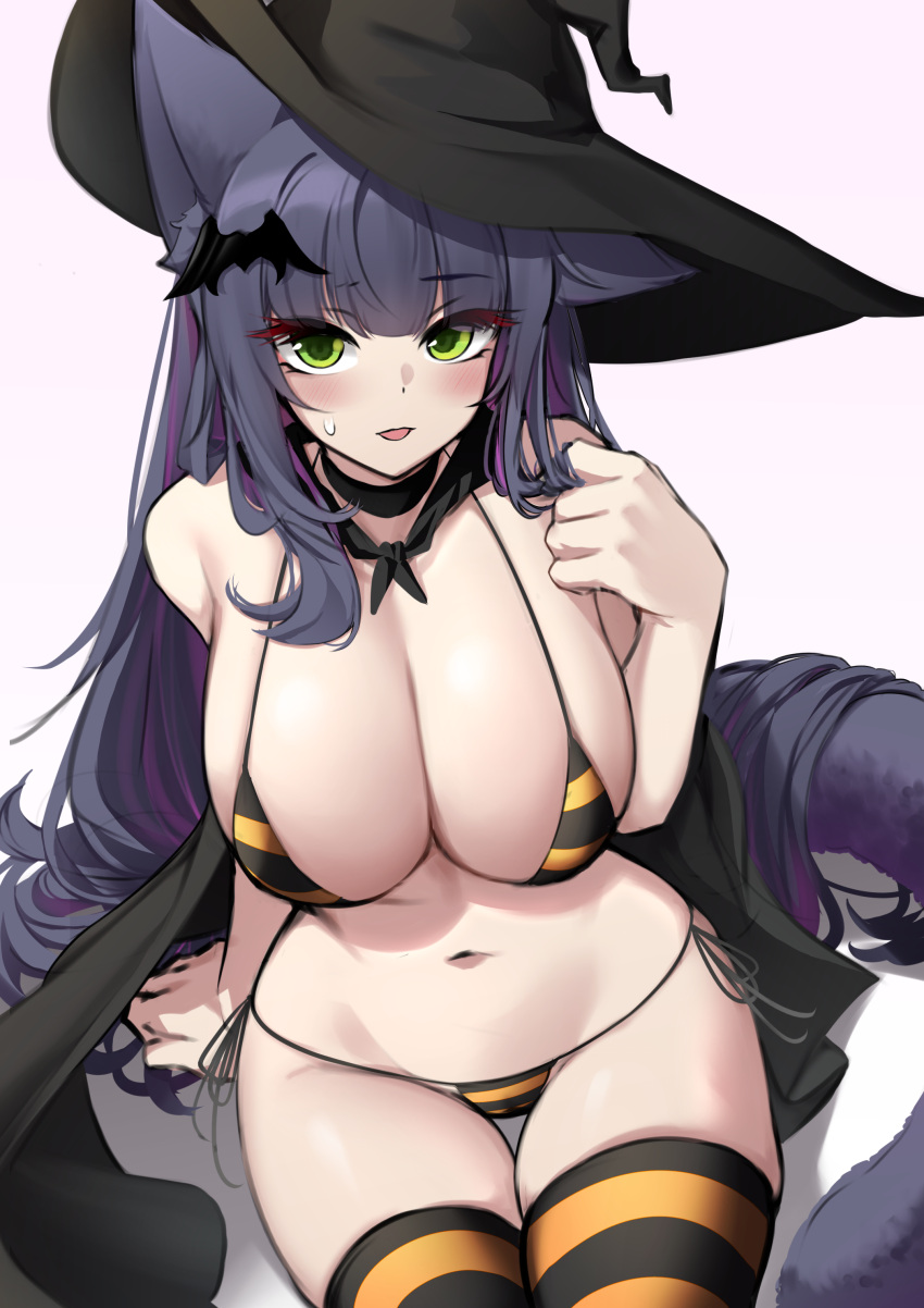 1girl absurdres animal_ears arknights bare_shoulders bat_hair_ornament bikini black_cape black_choker black_hair black_headwear blush breasts cape cat_ears choker cleavage green_eyes hair_ornament halloween hat highres jessica_(arknights) k0ng large_breasts long_hair looking_at_viewer micro_bikini multicolored_hair navel open_mouth purple_hair side-tie_bikini_bottom simple_background sitting skindentation smile solo string_bikini striped striped_bikini striped_thighhighs swimsuit thighhighs white_background witch_hat