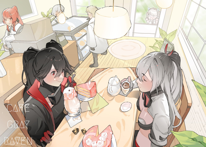 2boys 4girls alpha_(punishing:_gray_raven) animal_ears apron bambinata_(punishing:_gray_raven) black_apron black_bra black_dress black_footwear black_gloves black_hair black_jacket bra cake cake_slice cat_ears chrome_(punishing:_gray_raven) coffee_cup commentary cup disposable_cup dress drooling english_commentary eyewear_around_neck fake_animal_ears fake_horns food gloves gradient_hair grey_hair grey_jacket hair_between_eyes highres holding holding_cup holding_plate holding_spoon horns ice_cream_cup jacket light_brown_hair long_hair lucia:_crimson_weave_(punishing:_gray_raven) lucia:_plume_(punishing:_gray_raven) lucia_(punishing:_gray_raven) mechanical_arms mouth_drool multicolored_hair multiple_boys multiple_girls open_mouth parted_bangs plate ponytail punishing:_gray_raven red_eyes red_hair shirt short_hair small_horns spoon sports_bra twintails two-tone_hair underwear vera_(punishing:_gray_raven) wanshi_(punishing:_gray_raven) watanabe_(punishing:_gray_raven) white_hair white_jacket white_shirt yongsadragon