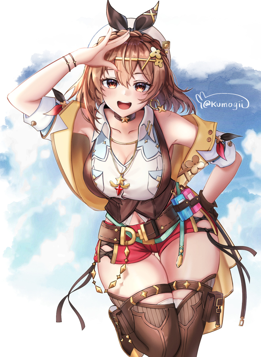 1girl atelier_(series) atelier_ryza atelier_ryza_3 bare_shoulders belt braid breast_pocket breasts brown_belt brown_gloves brown_hair brown_thighhighs brown_vest choker cleavage clover_hair_ornament collarbone crown_braid dangle_earrings earrings flask gloves hair_ornament highres jacket jewelry kumogii large_breasts leather leather_belt leather_gloves multiple_bracelets multiple_necklaces necklace pocket red_shorts reisalin_stout shirt short_shorts shorts single_glove sleeveless sleeveless_shirt solo star_(symbol) star_choker star_earrings star_necklace teeth thighhighs thighs upper_teeth_only vest white_headwear x_hair_ornament yellow_eyes