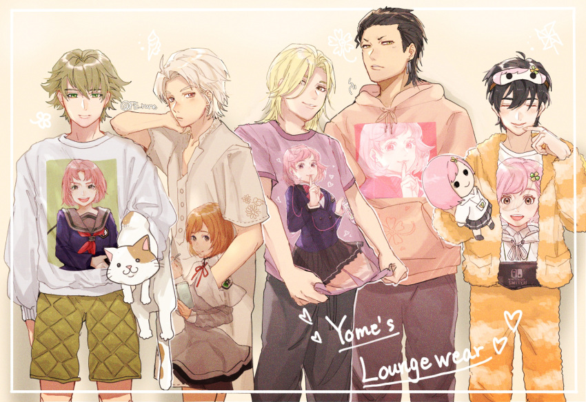 5boys arms_at_sides black_hair blonde_hair border carrying carrying_under_arm casual cat character_doll character_print closed_eyes collared_shirt cowboy_shot doll facing_viewer fe_rune green_eyes grey_hair grey_pants grey_shirt hair_between_eyes hair_over_one_eye hair_slicked_back hand_in_pocket hand_up hazuki_kei_(tokimemo_gs) highres holding holding_doll hood hood_down hoodie in-franchise_crossover inset_border jacket kazama_ryouta light_brown_hair lineup looking_at_viewer looking_to_the_side male_focus mask mask_on_head medium_hair multiple_boys orange_jacket orange_pants pajamas pants print_shirt protagonist_(tokimemo_gs) protagonist_(tokimemo_gs2) protagonist_(tokimemo_gs3) protagonist_(tokimemo_gs4) purple_eyes purple_shirt red_eyes saeki_teru sakurai_kouichi sakurai_ruka shirt short_hair shorts sleep_mask sleepwear smile standing t-shirt tokimeki_memorial tokimeki_memorial_girl's_side tokimeki_memorial_girl's_side_2nd_kiss tokimeki_memorial_girl's_side_3rd_story tokimeki_memorial_girl's_side_4th_heart undershirt yellow_shorts