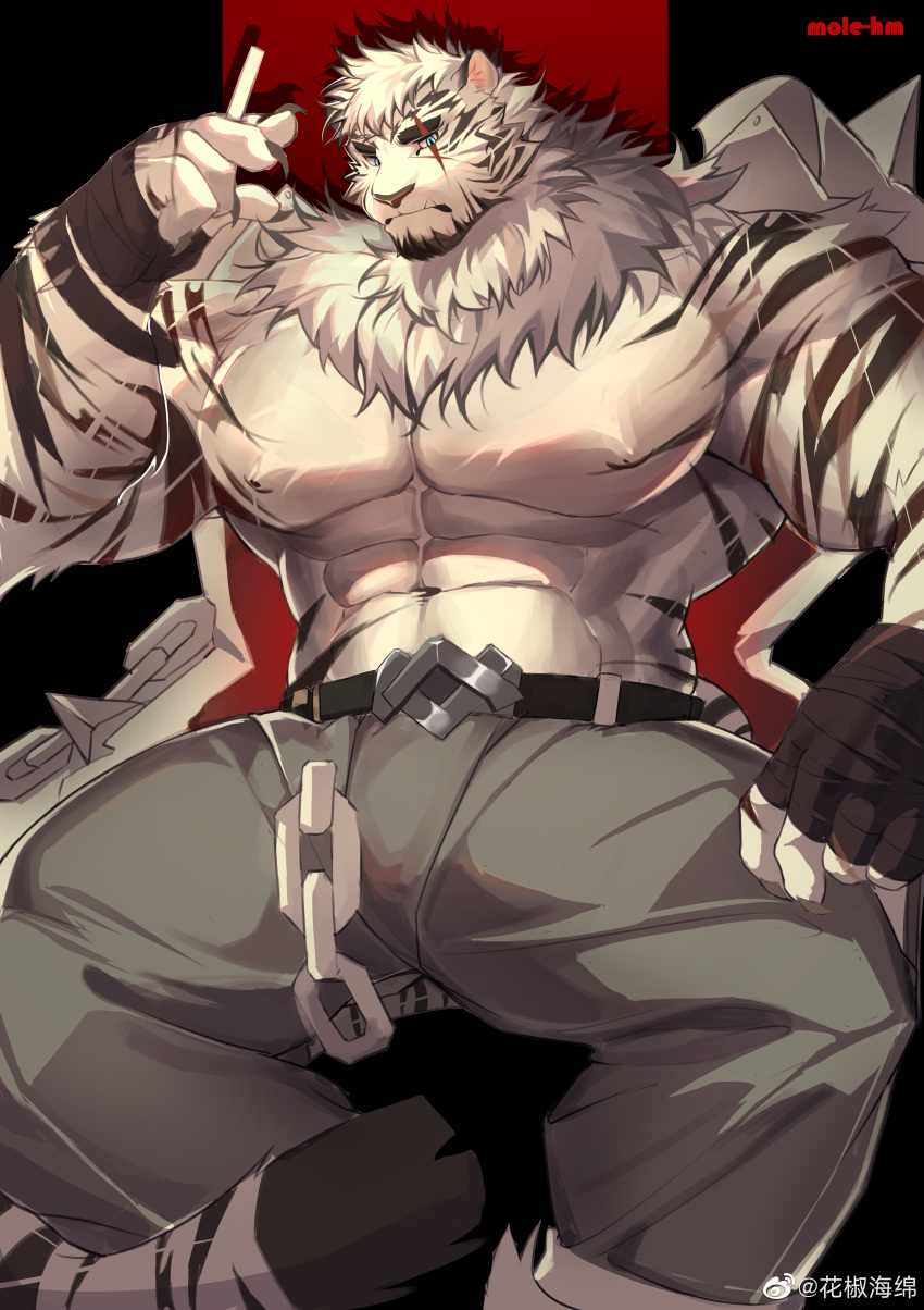 1boy abs absurdres animal_ears arknights bara bulge chain cigarette coat facial_hair feet_out_of_frame furry furry_male goatee grey_pants highres large_hands large_pectorals looking_at_viewer male_focus mature_male mole_hm mountain_(arknights) muscular muscular_male navel nipples pants pectorals short_hair sideburns sitting solo stomach thick_thighs thighs tiger_boy tiger_ears topless_male tusks white_fur