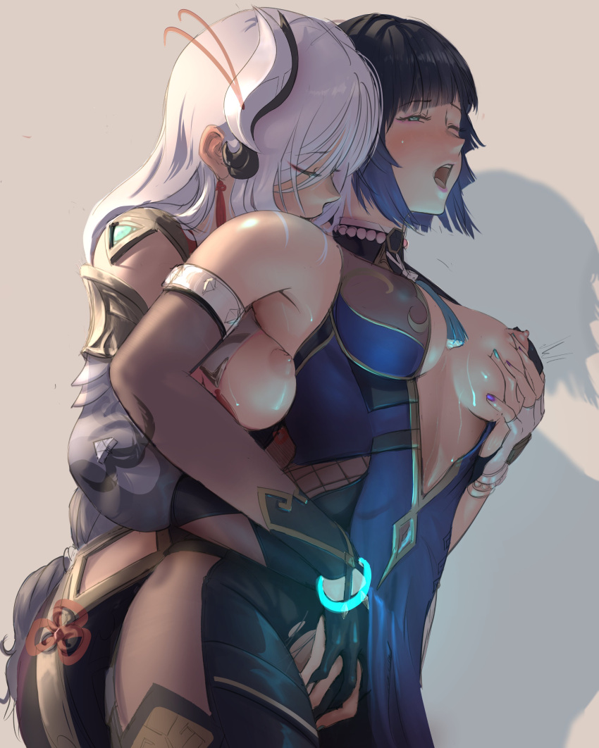 2girls absurdres asymmetrical_gloves bead_choker blue_eyes blue_hair blush breasts closed_eyes diagonal_bangs dice fingering fingerless_gloves genshin_impact gloves grabbing grabbing_another's_breast hair_ornament highres hip_vent ker0nit0 large_breasts long_hair mismatched_gloves multiple_girls nail_polish neck_tassel nipples one_breast_out one_eye_closed open_mouth shadow shenhe_(genshin_impact) short_hair simple_background standing sweat torn_clothes white_hair yelan_(genshin_impact) yuri
