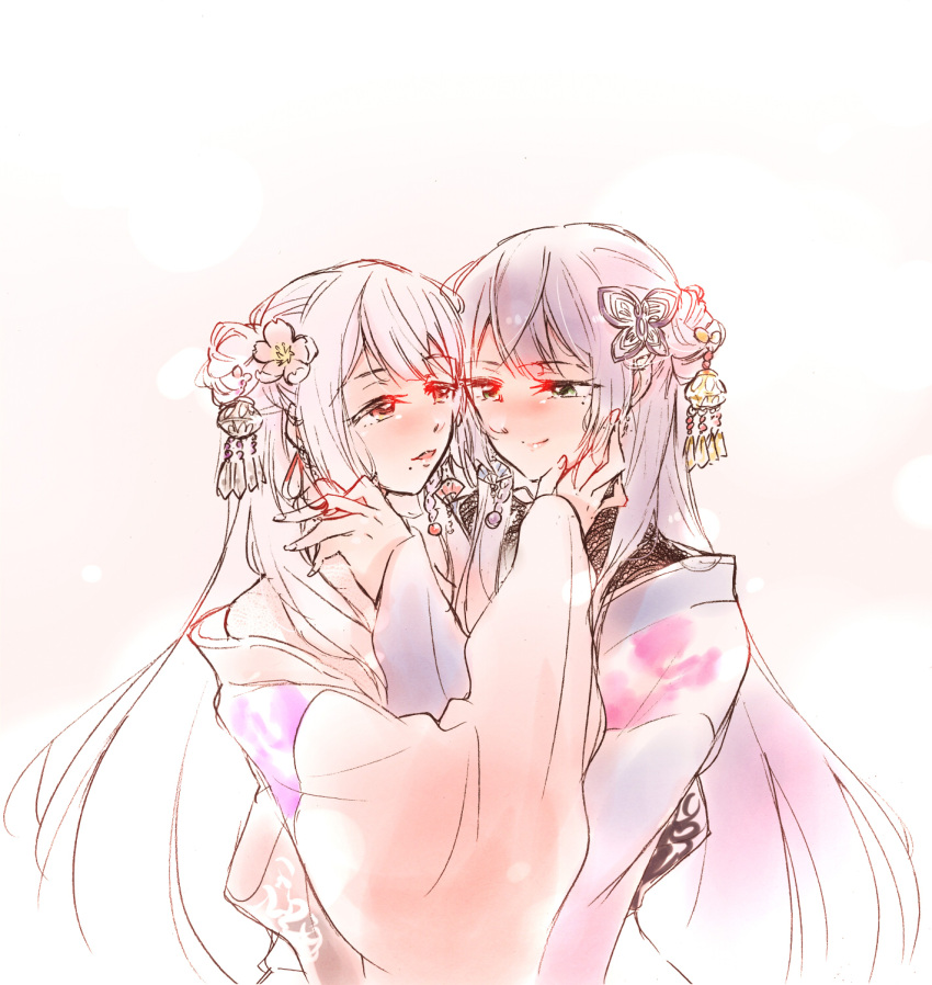 2girls assault_lily blue_kimono braid breasts cleavage commentary_request eye_contact face-to-face flower funada_kiito funada_ui gradient_background green_eyes hair_bun hair_flower hair_ornament hair_ribbon hand_on_another's_cheek hand_on_another's_face hand_up highres incest japanese_clothes kimono long_hair long_sleeves looking_at_another mole mole_under_eye mole_under_mouth multiple_girls off_shoulder official_alternate_costume official_alternate_hairstyle orange_eyes pale_color parted_lips pink_background pink_flower pink_kimono purple_hair red_ribbon ribbon santouka siblings side_braid single_braid single_side_bun sisters standing upper_body very_long_hair white_background white_hair wide_sleeves yuri