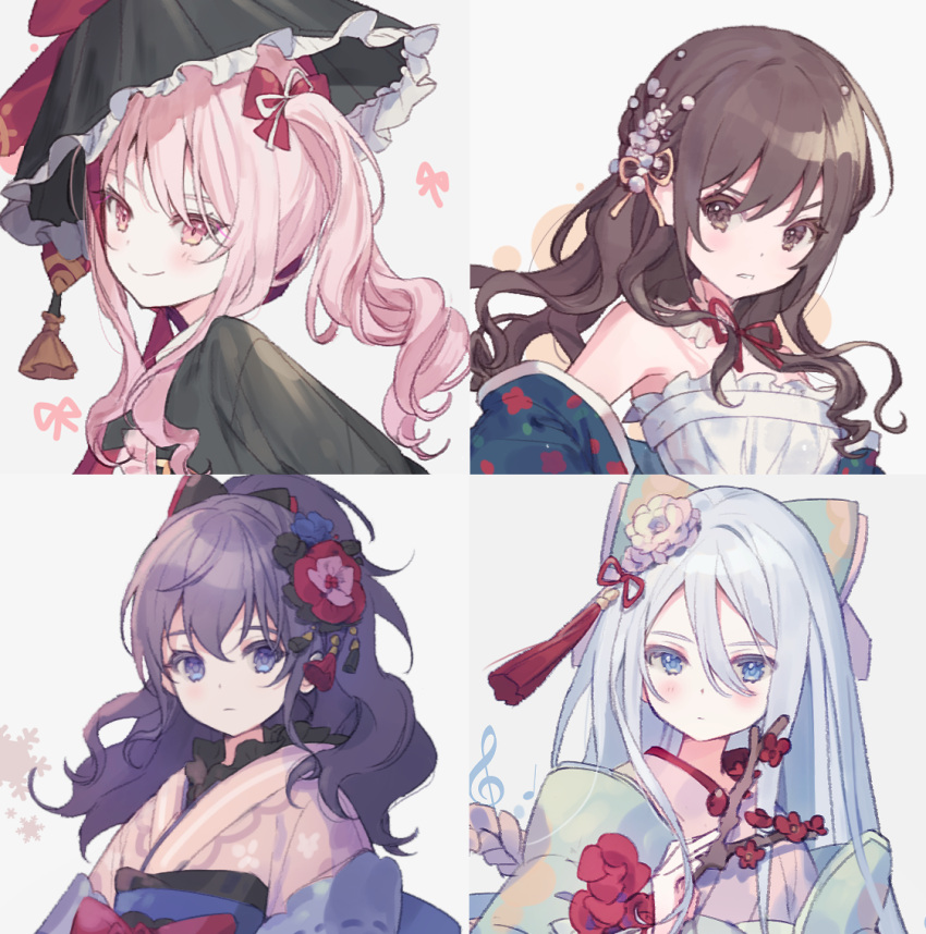 1other 3girls akiyama_mizuki androgynous asahina_mafuyu bare_shoulders black_flower black_kimono black_sash blue_flower blue_hair blue_kimono blue_sash blush bow brown_eyes brown_hair closed_mouth commentary cropped_torso dress expressionless flower frilled_dress frilled_kimono frills frown hair_between_eyes hair_bow hair_flower hair_ornament hat japanese_clothes kimono light_blue_hair long_bangs long_hair looking_at_another looking_at_viewer looking_to_the_side multicolored_sash multiple_girls musical_note neck_ribbon obi pink_eyes pink_hair pink_kimono project_sekai purple_hair red_bow red_flower red_ribbon ribbon sash sha_(nz2) shinonome_ena side_ponytail simple_background smile tassel tassel_hair_ornament treble_clef upper_body wavy_hair white_background white_dress white_flower yellow_ribbon yoisaki_kanade