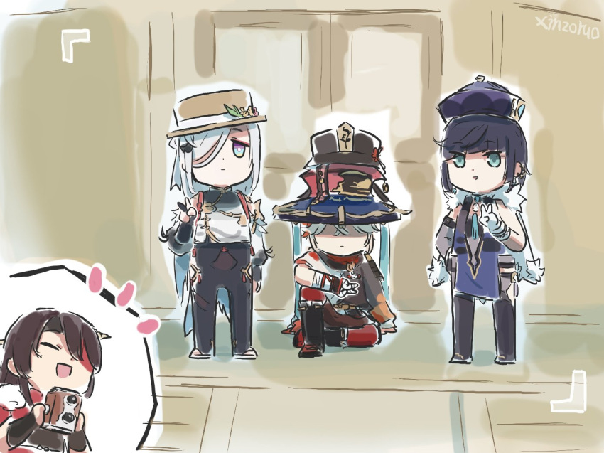 1boy 3girls alternate_headwear beidou_(genshin_impact) camera chibi diagonal_bangs full_body genshin_impact group_picture hair_over_one_eye hat holding holding_camera multicolored_hair multiple_girls shaded_face shenhe_(genshin_impact) sitting streaked_hair taking_picture xinzoruo yelan_(genshin_impact)