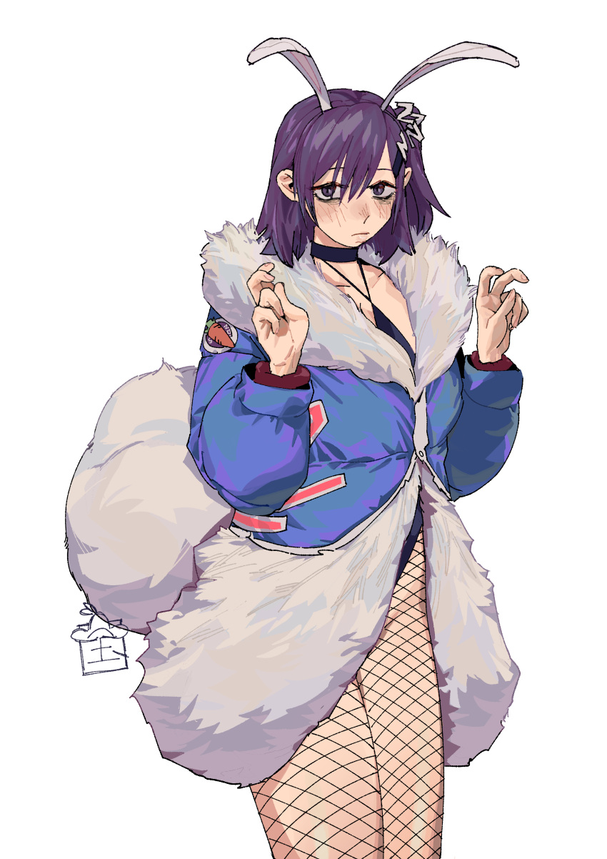 1girl absurdres animal_ears b9_(rrrqqq) blue_jacket coat eyeliner fake_animal_ears fishnet_pantyhose fishnets fur_collar hands_up highres jacket leotard long_legs long_sleeves makeup medium_hair original pantyhose purple_eyes purple_hair rabbit_ears simple_background white_background