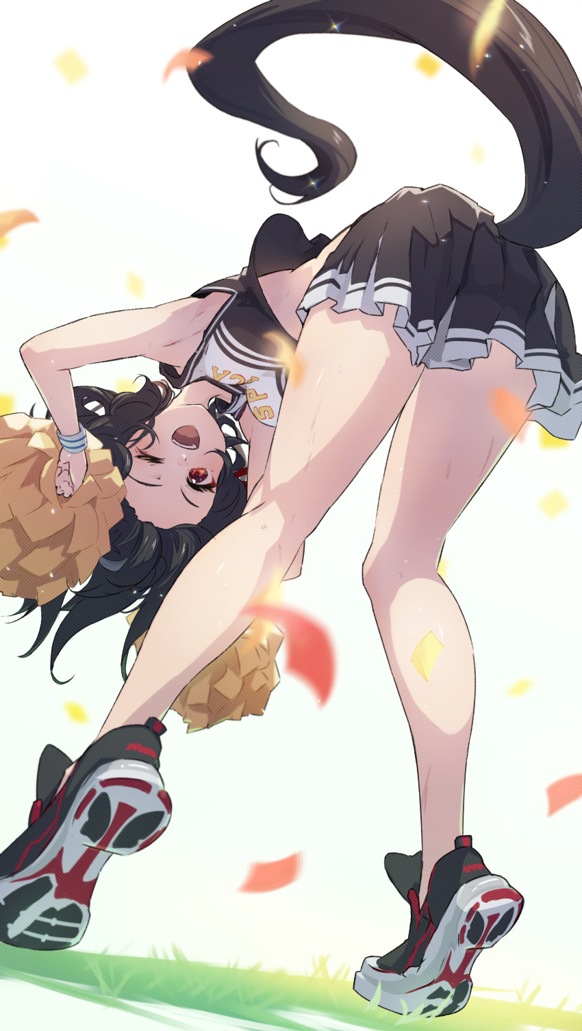 1girl absurdres animal_ears armpits arms_up black_footwear black_hair black_shirt black_skirt blurry cheerleader commentary confetti depth_of_field forehead from_behind highres holding holding_pom_poms horse_ears horse_girl horse_tail kitasan_black_(umamusume) leaning_forward looking_at_viewer midriff miniskirt multicolored_hair on_grass one_eye_closed open_mouth pleated_skirt pom_pom_(cheerleading) red_eyes shirt shoes simple_background skirt smile solo standing streaked_hair sweat tail thighs tiptoes umamusume white_background white_hair yakousei_a