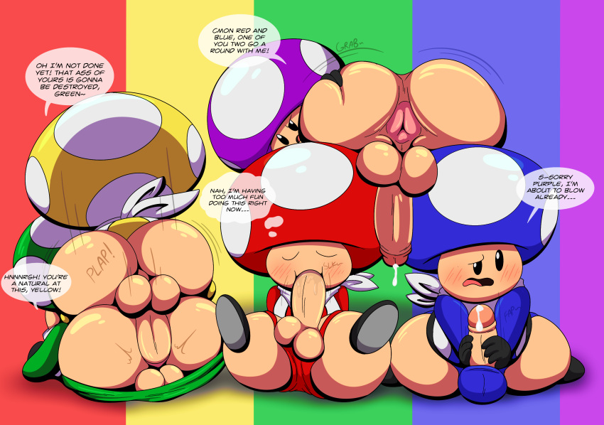 absurd_res anal anal_penetration anus autofellatio bodily_fluids bulge butt butt_grab clothed clothing cum dialogue doggystyle from_behind_position genital_fluids genitals group group_sex hand_on_butt hi_res male male/male mario_bros masturbation nintendo oral oral_masturbation paper_mario paper_mario:_color_splash partially_clothed penetration penile penile_masturbation penis rainbow sex spread_butt spreading sucking tepigfan101 toad_(mario) underwear underwear_down